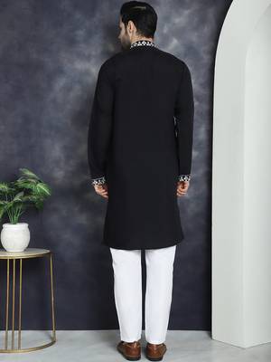 Men black embroidered cotton silk kurta pajama 4