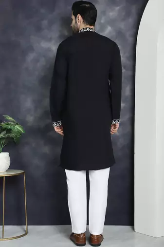 Men black embroidered cotton silk kurta pajama