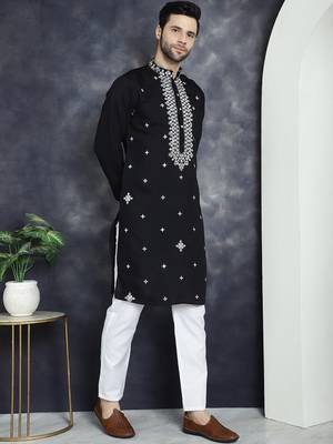 Men black embroidered cotton silk kurta pajama 5