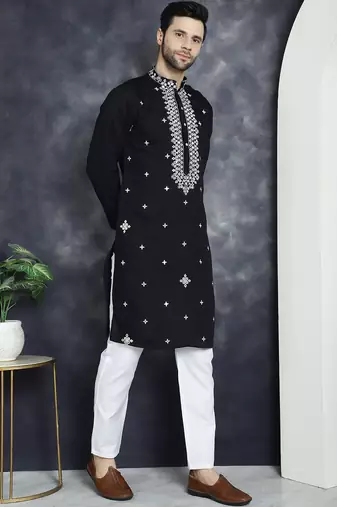 Men black embroidered cotton silk kurta pajama