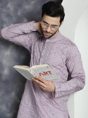 Men purple embroidered cotton silk kurta pajama 1