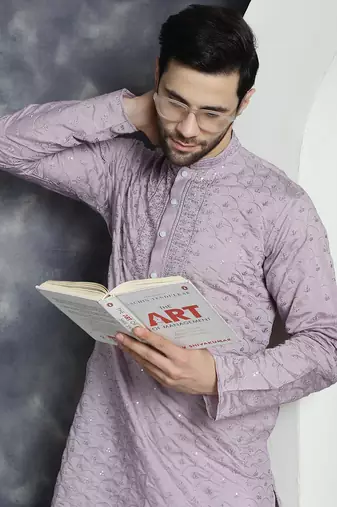 Men purple embroidered cotton silk kurta pajama