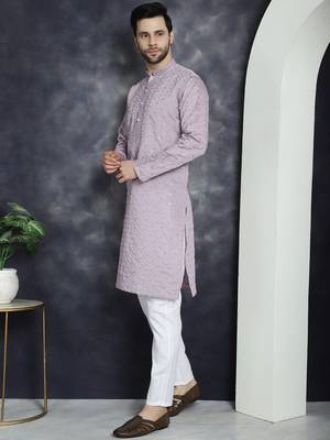 Men purple embroidered cotton silk kurta pajama 2