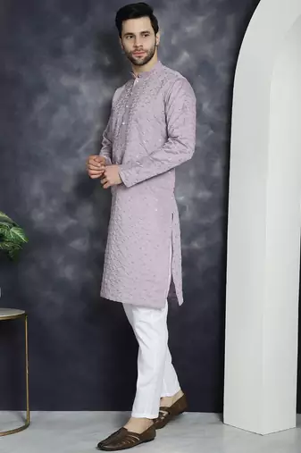 Men purple embroidered cotton silk kurta pajama