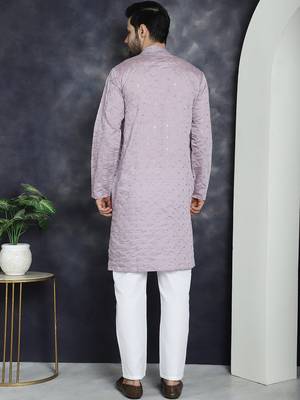 Men purple embroidered cotton silk kurta pajama 4