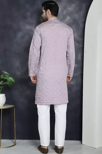 Men purple embroidered cotton silk kurta pajama