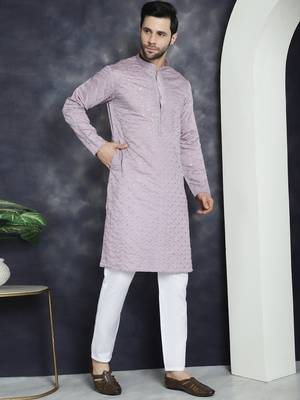 Men purple embroidered cotton silk kurta pajama 5