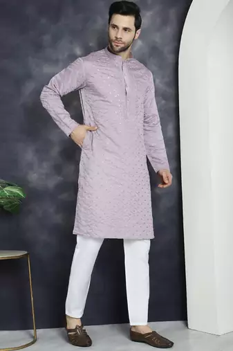 Men purple embroidered cotton silk kurta pajama
