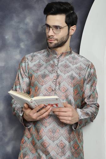 Men silver woven silk blend kurta pajama