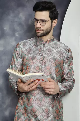 Men silver woven silk blend kurta pajama