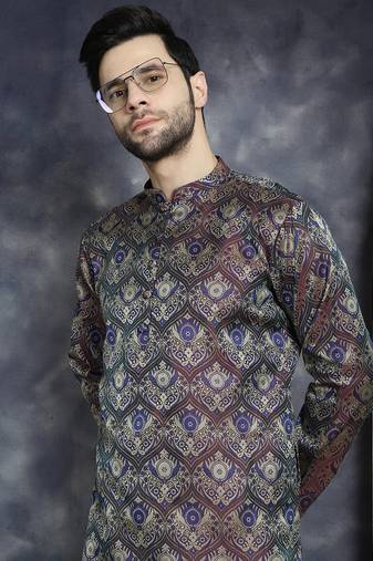 Men purple woven silk blend kurta pajama