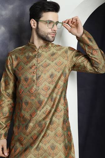 Men gold woven silk blend kurta pajama