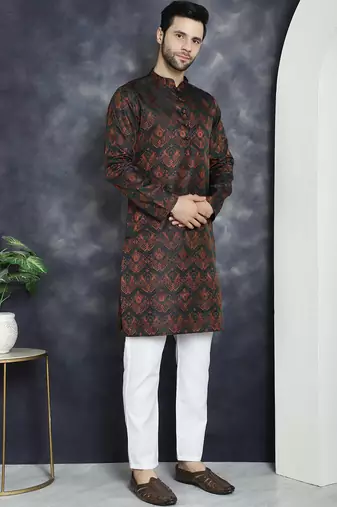 Men bronze woven silk blend kurta pajama
