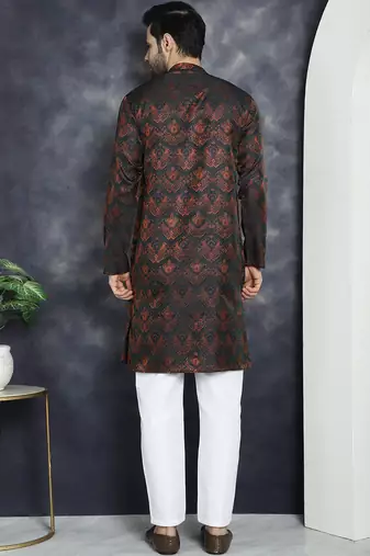 Men bronze woven silk blend kurta pajama