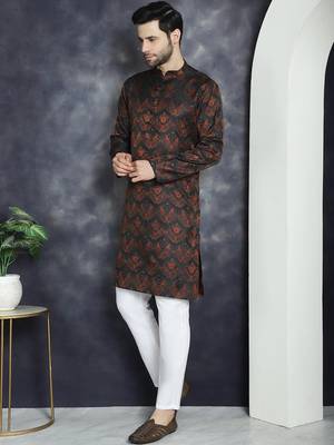 Men bronze woven silk blend kurta pajama 5