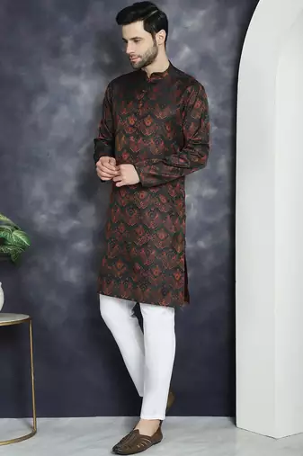 Men bronze woven silk blend kurta pajama