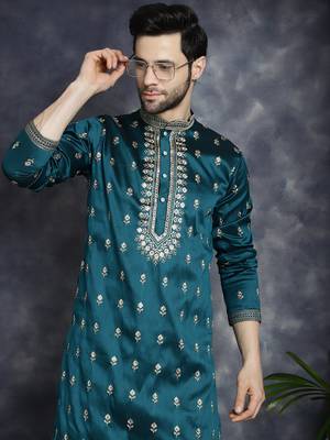 Men blue embroidered cotton silk kurta pajama 1