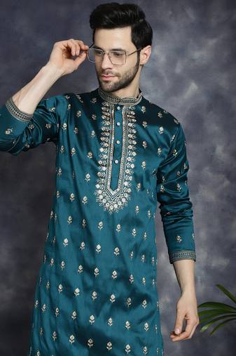 Men blue embroidered cotton silk kurta pajama