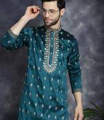 Men blue embroidered cotton silk kurta pajama