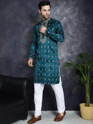 Men blue embroidered cotton silk kurta pajama 2