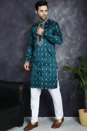 Men blue embroidered cotton silk kurta pajama