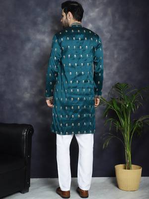Men blue embroidered cotton silk kurta pajama 4