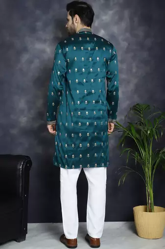 Men blue embroidered cotton silk kurta pajama