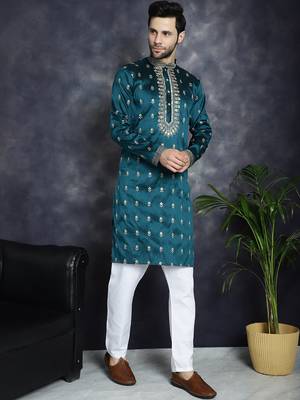 Men blue embroidered cotton silk kurta pajama 5