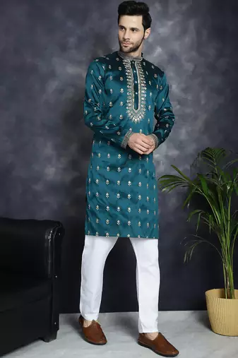 Men blue embroidered cotton silk kurta pajama