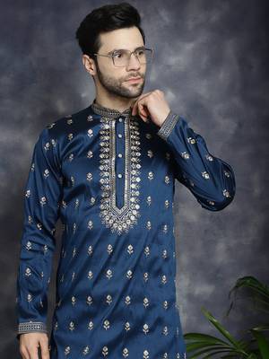 Men blue embroidered cotton silk kurta pajama 1