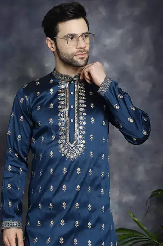 Men blue embroidered cotton silk kurta pajama