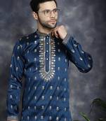 Men blue embroidered cotton silk kurta pajama