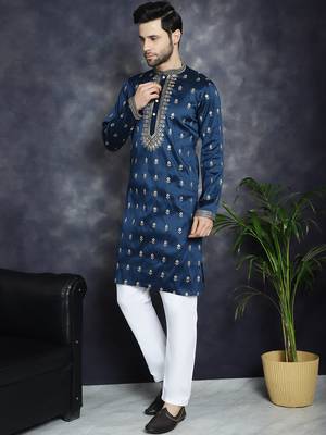 Men blue embroidered cotton silk kurta pajama 2