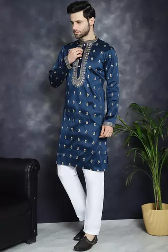 Men blue embroidered cotton silk kurta pajama