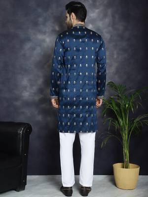 Men blue embroidered cotton silk kurta pajama 4