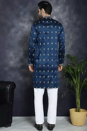 Men blue embroidered cotton silk kurta pajama