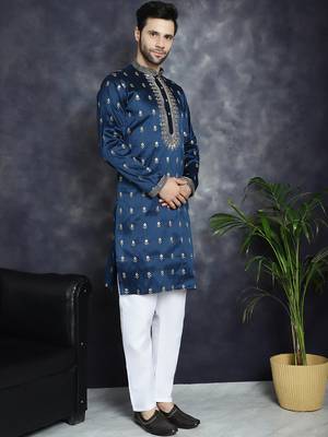 Men blue embroidered cotton silk kurta pajama 5