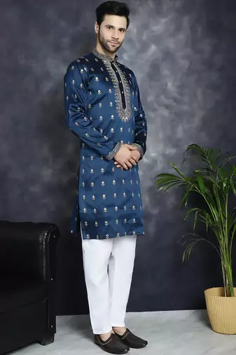 Men blue embroidered cotton silk kurta pajama