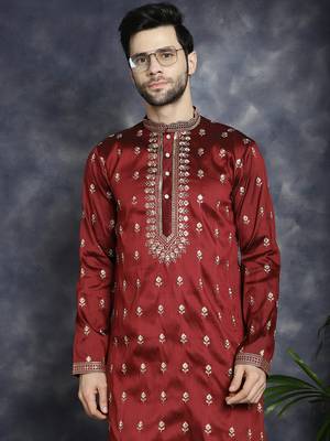 Men maroon embroidered cotton silk kurta pajama 1