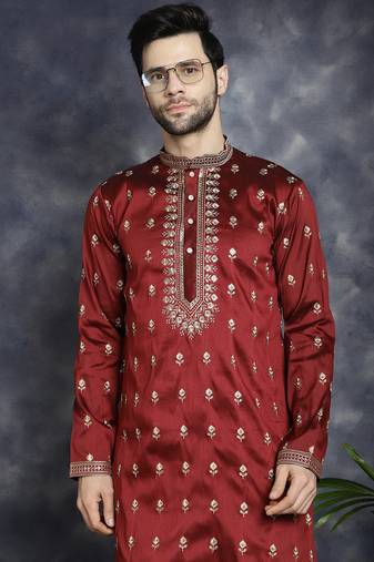 Men maroon embroidered cotton silk kurta pajama