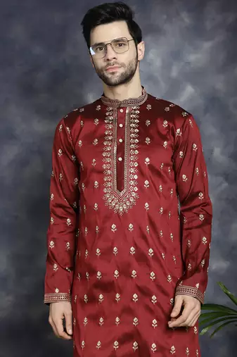 Men maroon embroidered cotton silk kurta pajama