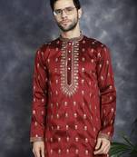 Men maroon embroidered cotton silk kurta pajama