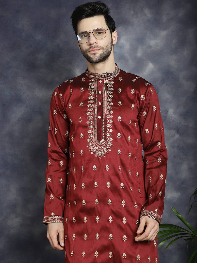 Men maroon embroidered cotton silk kurta pajama