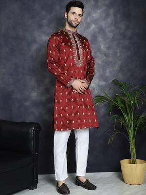 Men maroon embroidered cotton silk kurta pajama 2