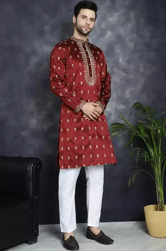 Men maroon embroidered cotton silk kurta pajama