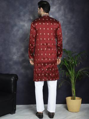 Men maroon embroidered cotton silk kurta pajama 4