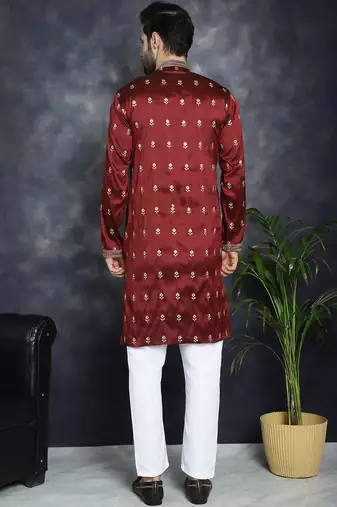 Men maroon embroidered cotton silk kurta pajama