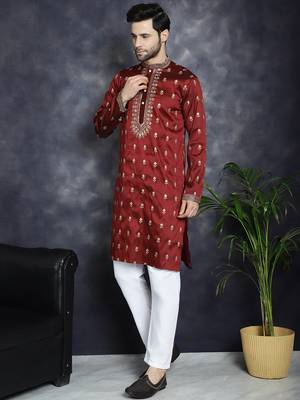 Men maroon embroidered cotton silk kurta pajama 5