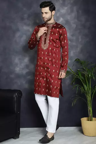 Men maroon embroidered cotton silk kurta pajama
