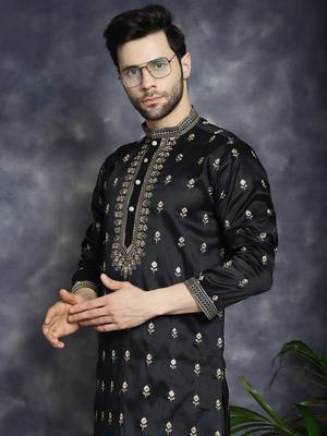 Men black embroidered cotton silk kurta pajama 1